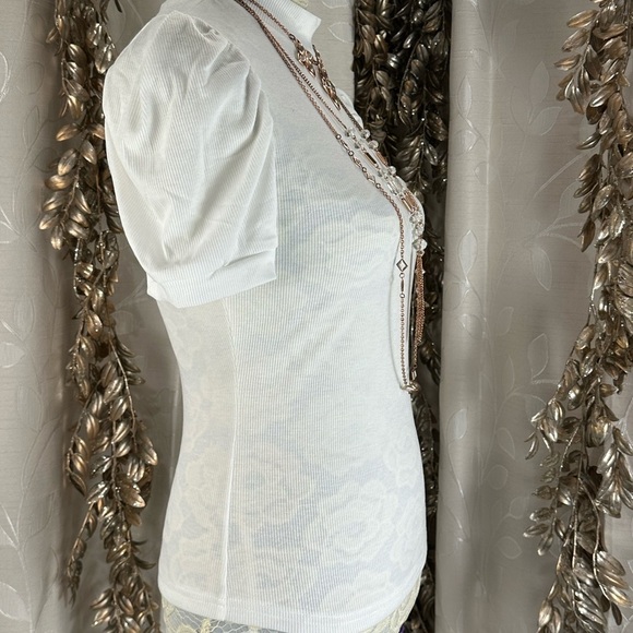 Floerns White Puff Sleeve Mock Neck Ribbed Top - Medium Layering Essential Basic - Picture 3 of 13